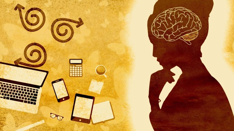 Woman with brain thinking and computer and smartphones
